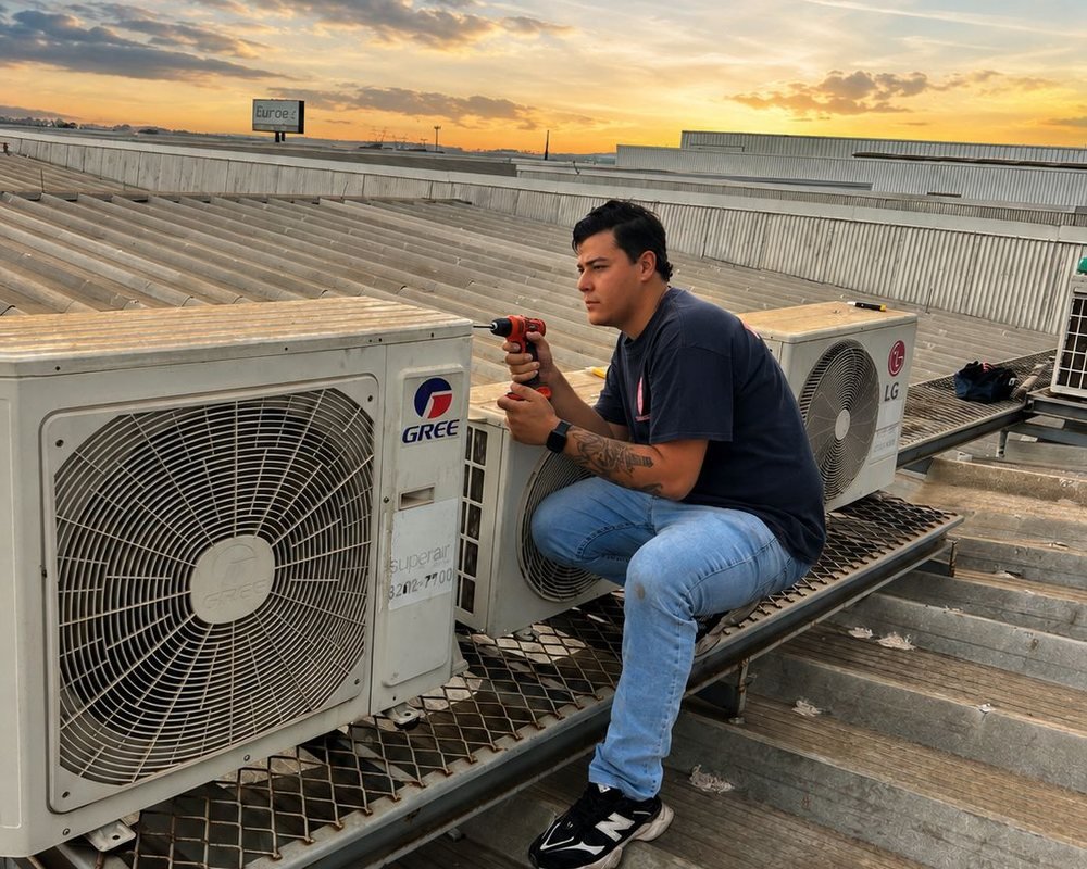Técnico da Araújo Refrigerações fazendo manutenção em unidades condensadoras no telhado de um galpão, ao pôr do sol
